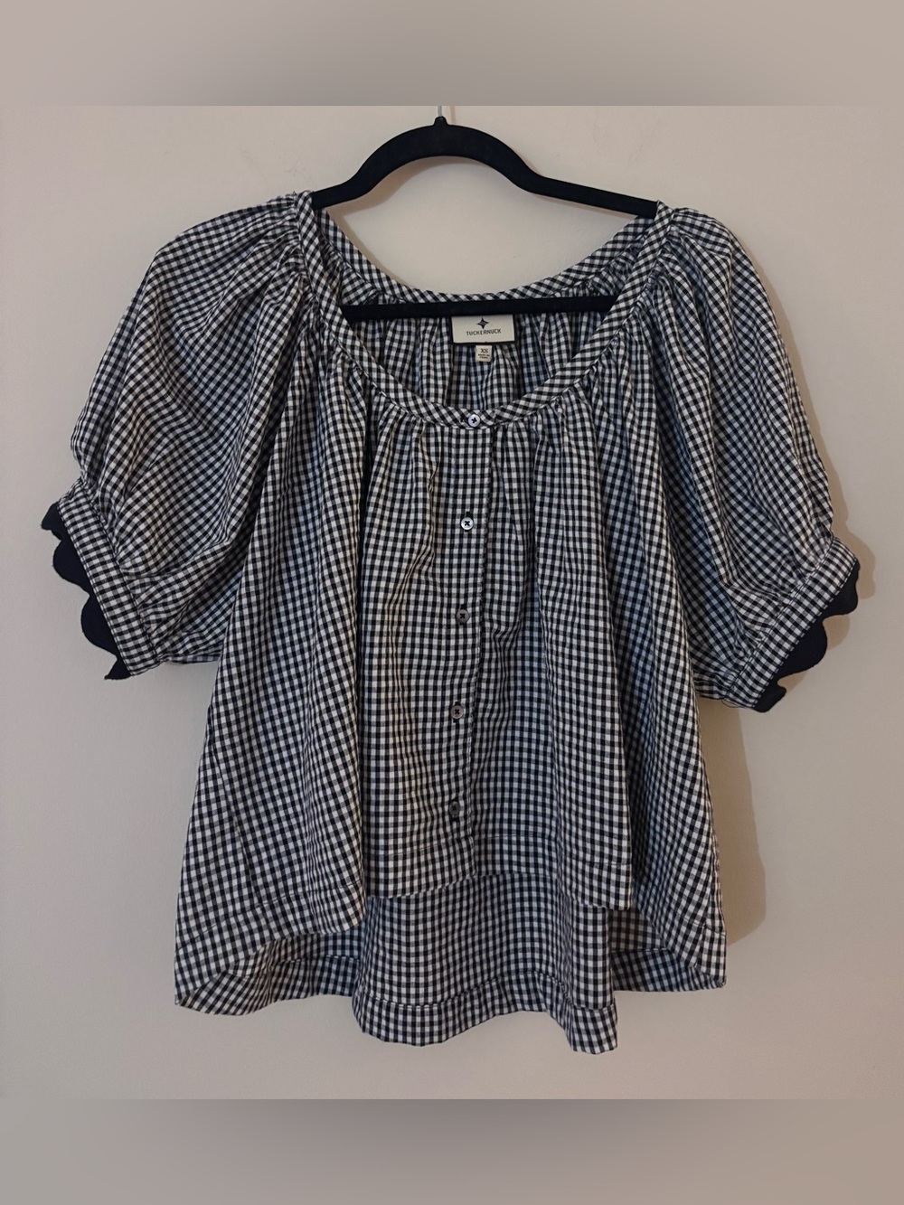 Tuckernuck Black White Gingham Puff Sleeve Cotton Hemp Blouse XS